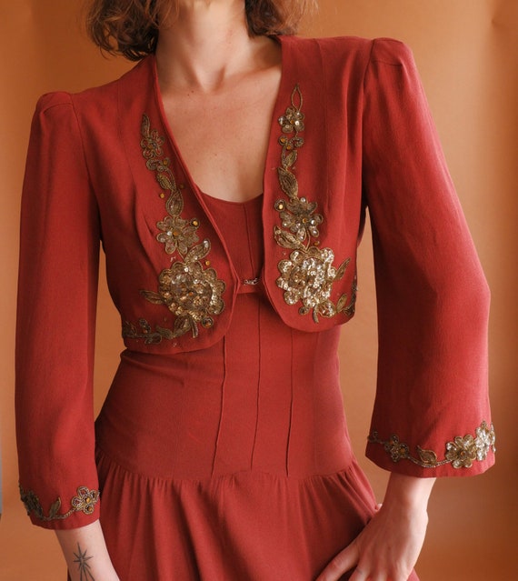 Vintage 40s Rust Gown with Bell Sleeve Bolero/ 19… - image 3