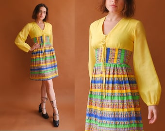 Vintage 60s Lace Up Mini Dress/ 1970s Yellow Floral Dress/ Size Small