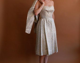 Vintage 50s Gold Brocade Dress and Bolero Set/ 1950s Fit and Flare Strapless Dress/Bridal Wedding/ Formal Gold Party Dress/ Size XS Small