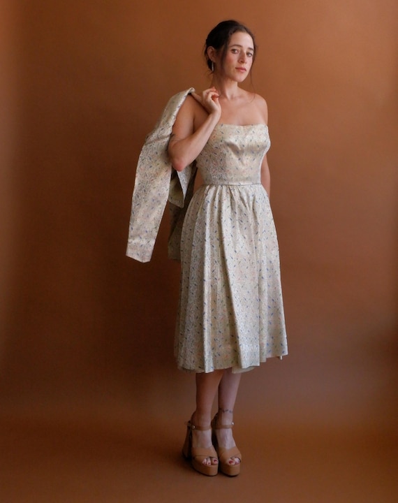 Vintage 50s Gold Brocade Dress and Bolero Set/ 1950s Fit and Flare Strapless Dress/Bridal Wedding/ Formal Gold Party Dress/ Size XS Small