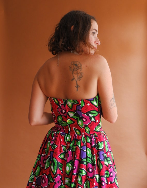 Vintage 80s Floral Strapless Cotton Dress/ 1980s … - image 7