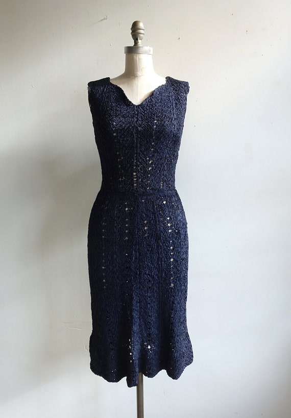 Vintage 40s 50s Navy Ribbon Dress/ 1940s Crochet … - image 3