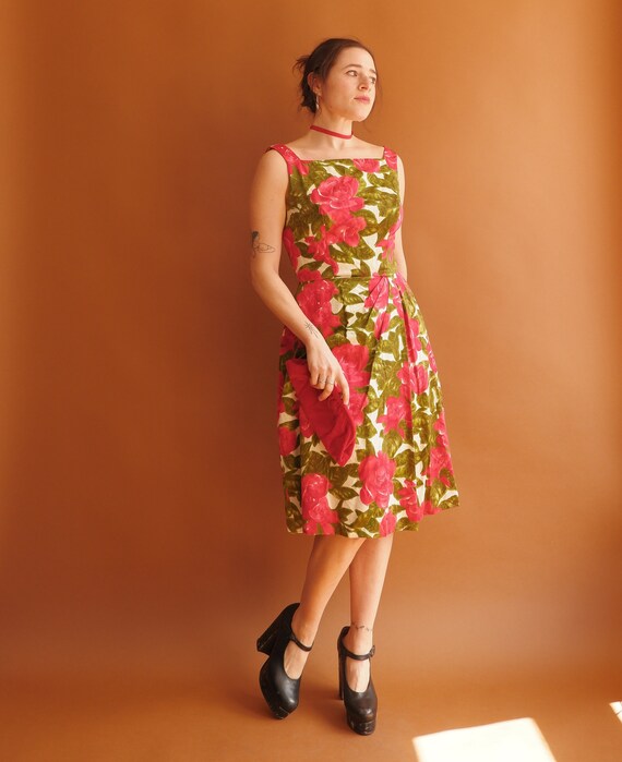 Vintage 50s Rose Print Cotton Dress/ 1950s Square… - image 9