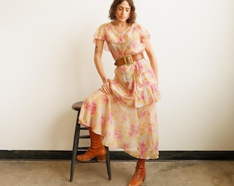 Vintage 30s Sheer Floral Drop Waist Ruffle Dress/ Size Medium