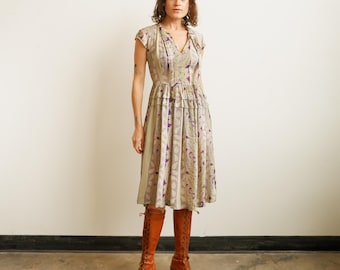 Vintage 40s Sheer Paisley Green and Purple Dress with Neck Tie/ 1940s Original Repairs Mends/ Size Small