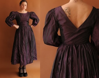 Vintage 80s Laura Ashley Eggplant Taffeta Puff Sleeve Gown/ 1980s Dress/ Size Medium 27