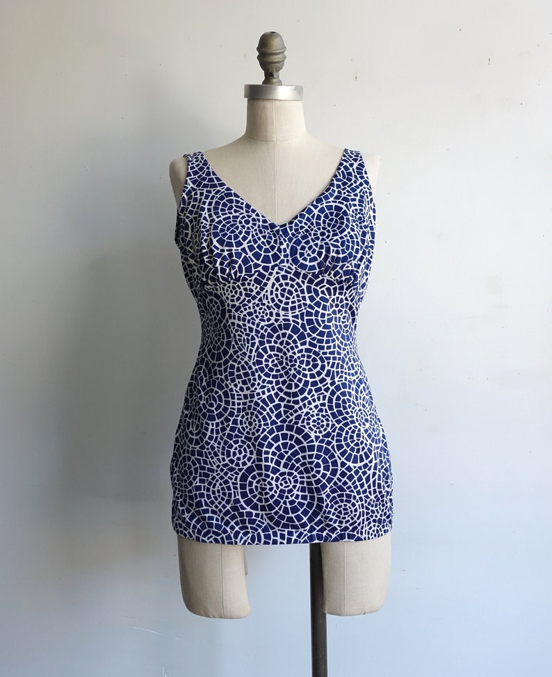 SALE Vintage 70s Mosaic Blue and White Swimsuit/ 1970s Full - Etsy