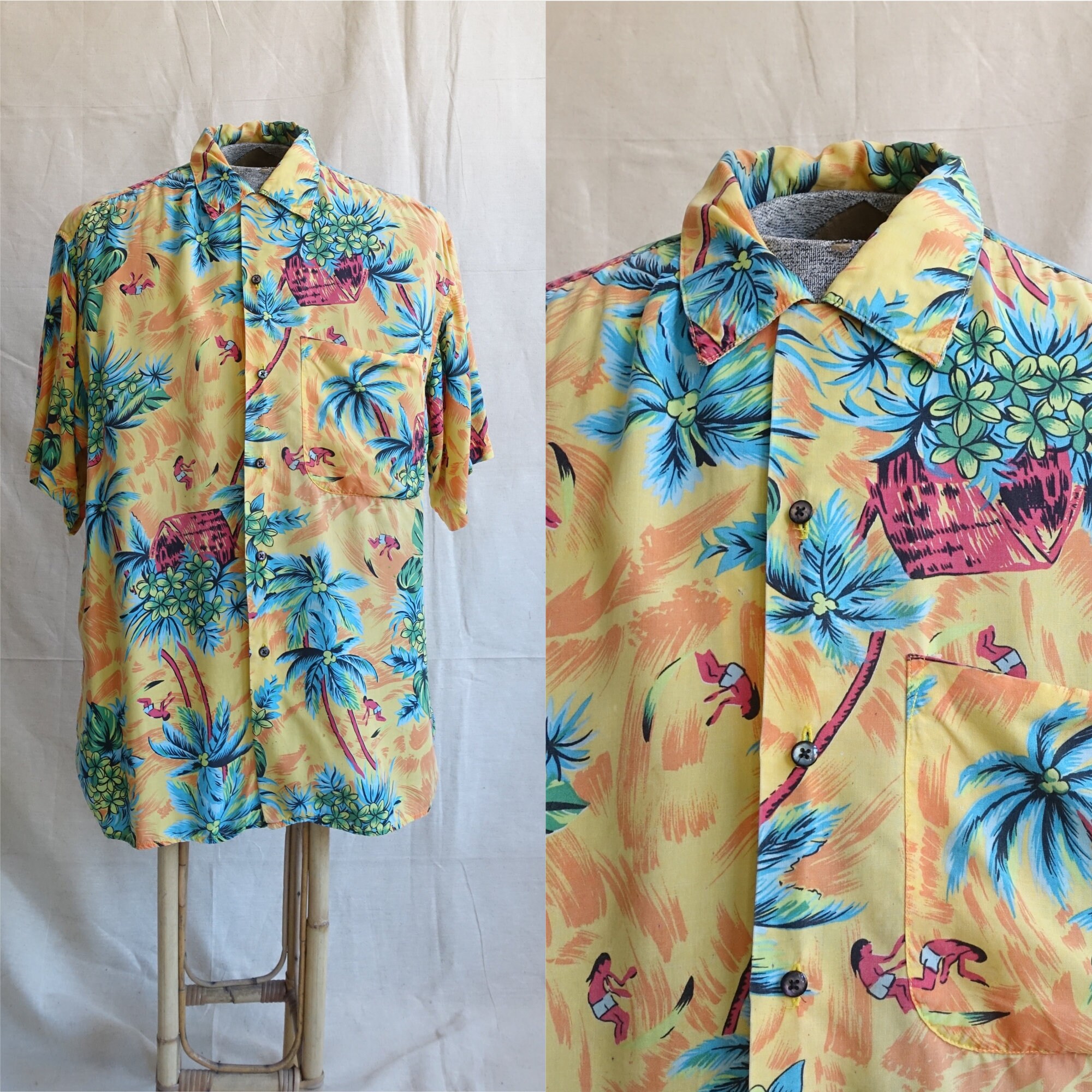 Vintage 90s Rayon Hawaiian Shirt/ 1990s GAP Surfer Palm Tree | Etsy