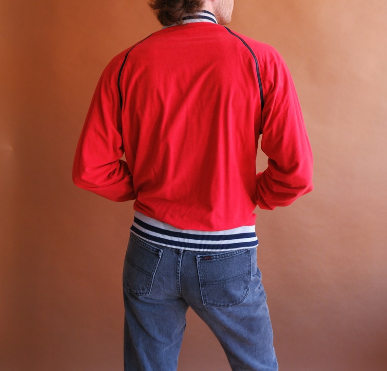 Vintage 70s FILA Red Track Jacket/ 1970s Zip Off Sleeve Red Blue Velour Jacket/ Size Large image 5