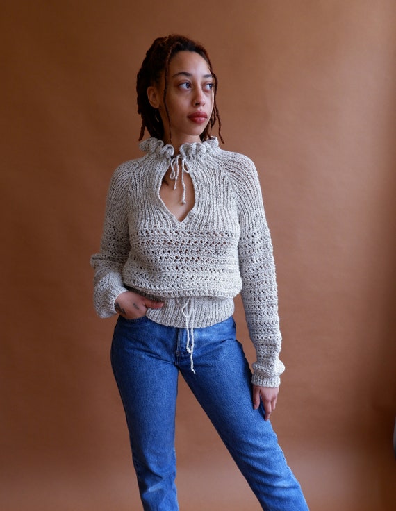 Vintage Keyhole Knit Sweater with Drawstring Waist