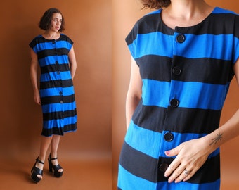 Vintage 80s Blue and Black Horizontal Stripe Jersey Dress/ 1980s Drop Shoulder Wide Stripe Shift/ Size Medium