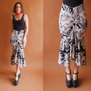 Vintage 80s Norma Kamali Floral Mermaid Hem Skirt/ 1980s High Waisted Gathered Midi Skirt/ Size Small Medium 27 image 1