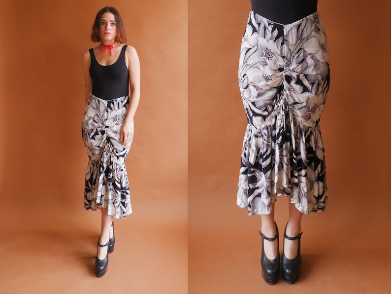 Vintage 80s Norma Kamali Floral Mermaid Hem Skirt/ 1980s High Waisted Gathered Midi Skirt/ Size Small Medium 27 image 1