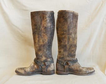 Frye Distressed Leather Harness Boots with Brass Studding/ Phillip Boot/ Size 10
