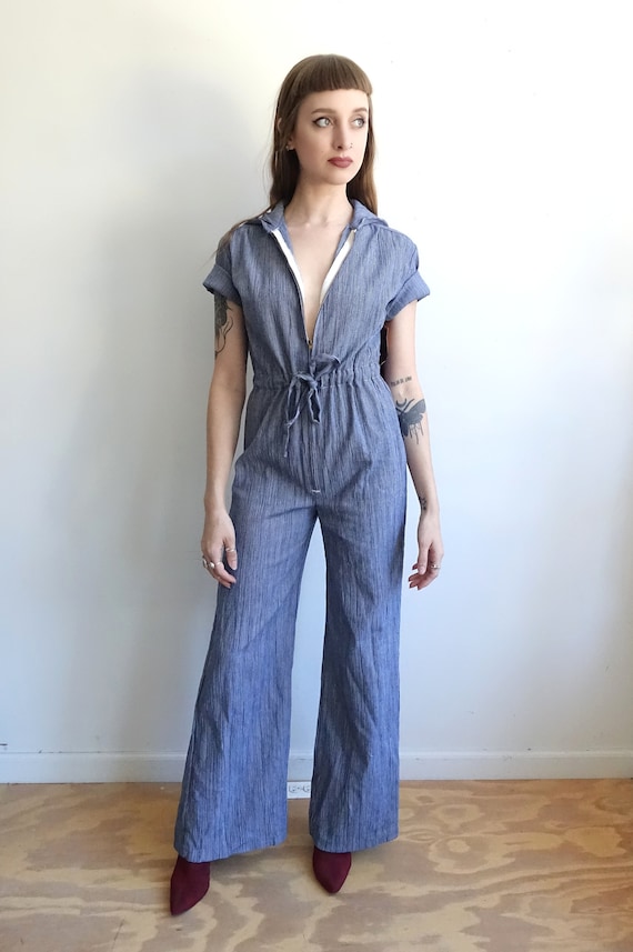 denim bell bottom jumpsuit