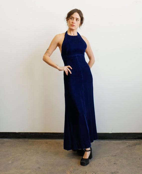 blue velvet halter dress Vintage 70s Maxi Dress/ Size XS Small Size:XL (US 16 to US 18)