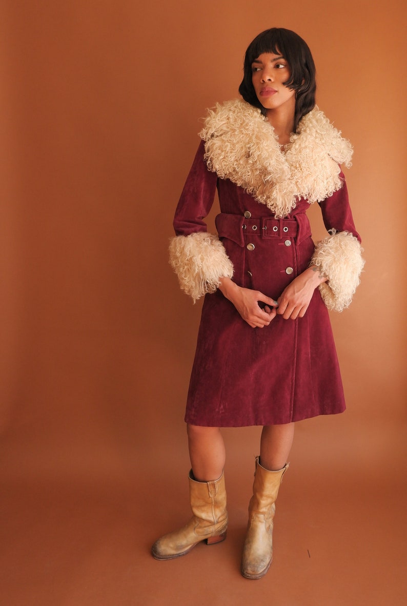 Vintage 70s Mongolian Lamb Fur Trim Coat/ 1970s Penny Lane Belted Jacket/ Size Medium image 1