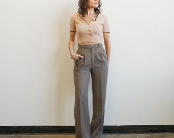 Vintage 70s Wide Leg Taupe Trousers with Wrap Waist/ Size XS 24