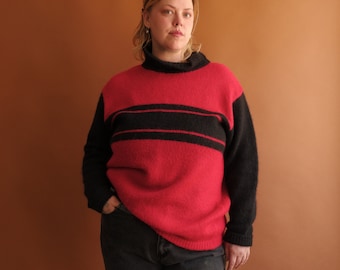 Vintage 80er Jahre Mohair Pullover / 1980s United Colors of Benneton Rot Schwarz Pullover / Größe XL 50