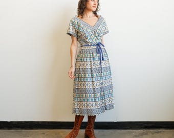 Vintage 50s Cotton Day Dress with Rope Belt/ 1950s Full Skirt/ Size Large 34