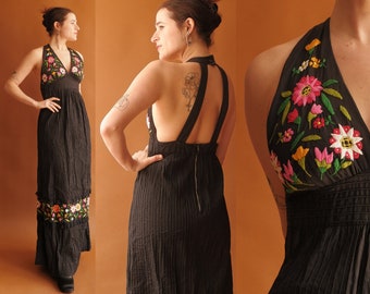 Vintage 70s Embroidered Cotton Halter Dress/ 1970s Black Floral Maxi Dress/ Size Small