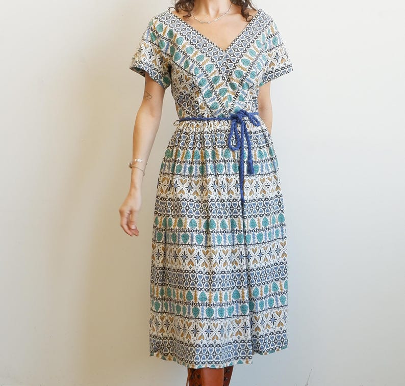 Vintage 50s Cotton Day Dress With Rope Belt/ 1950s Full Skirt/ Size ...