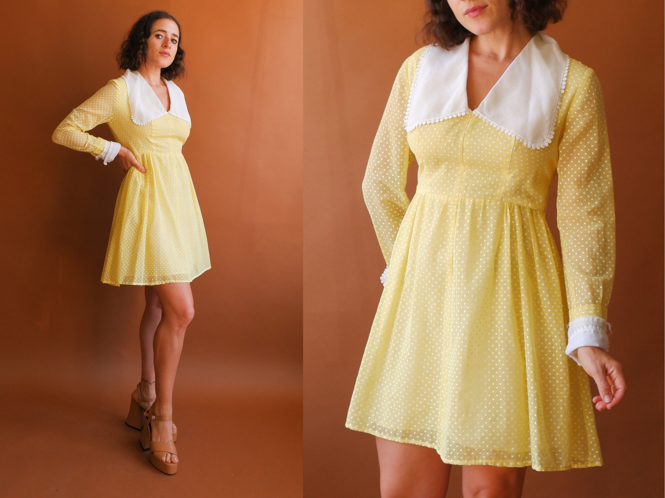 Vintage 70s Yellow Swiss Dot Mini Dress/1970s Long Sleeve Spring Dress/  Size Small 