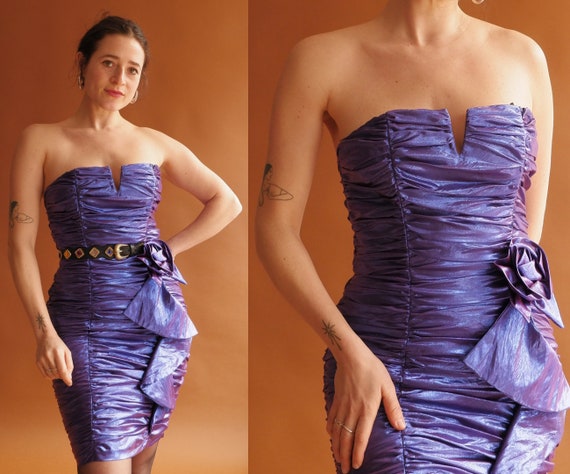 Vintage 80s Iridescent Purple Strapless Party Dre… - image 1