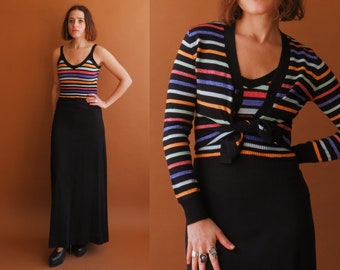 Vintage 70s Striped Maxi Dress and Cardigan Set/ 1970s Metallic Matching Set/ Size Small