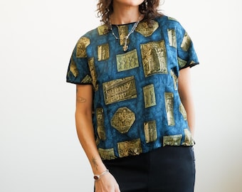 Vintage 60s Babylonian Photoprint Silk Blouse/ 1960s Archeology Print/ Size medium