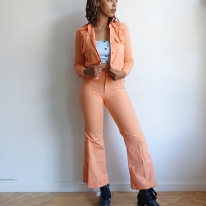 Vintage 70s Peach Lace Up Pants Suit/ 1970s Wendy Watts High Waisted Bell Bottoms/ Matching Jacket/ Stage Wear/ Size Small image 1