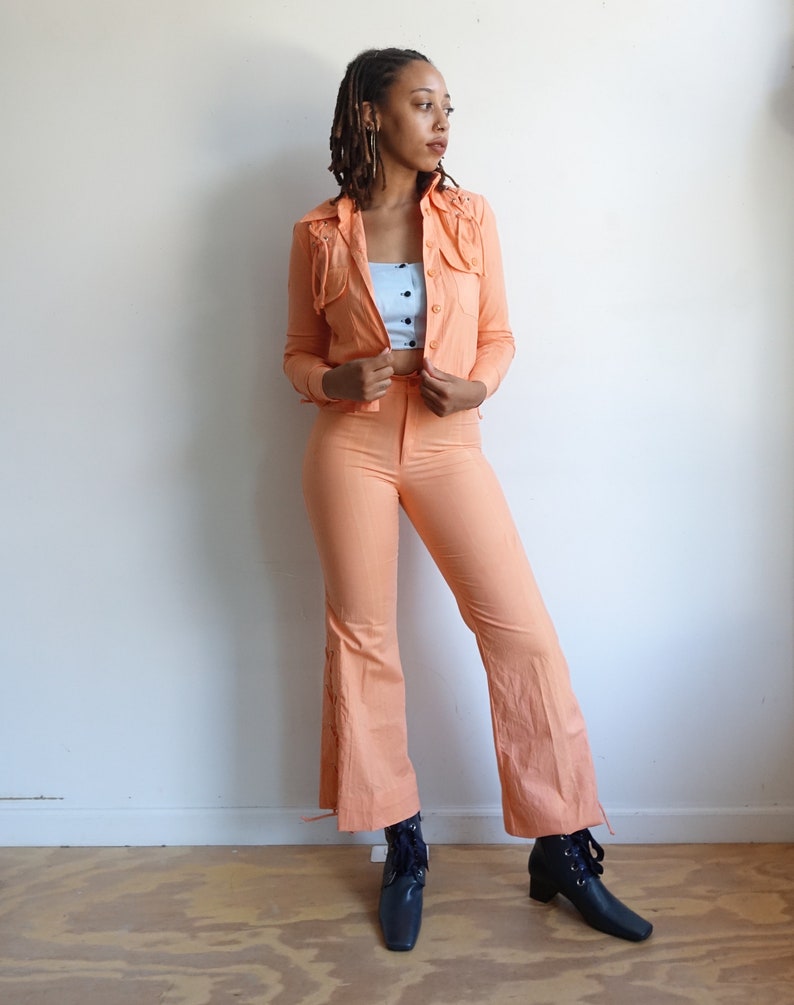 Vintage 70s Peach Lace Up Pants Suit/ 1970s Wendy Watts High Waisted Bell Bottoms/ Matching Jacket/ Stage Wear/ Size Small image 1