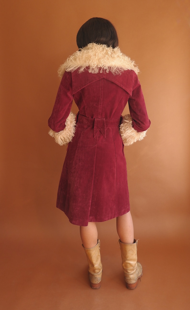 Vintage 70s Mongolian Lamb Fur Trim Coat/ 1970s Penny Lane Belted Jacket/ Size Medium image 4