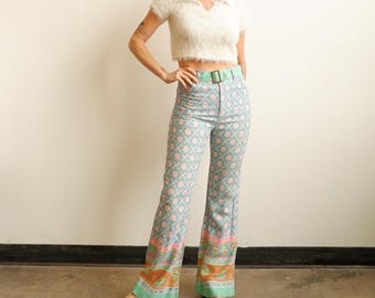 Vintage 70s Floral Belted Bell Bottom Pants/ Size XS 25