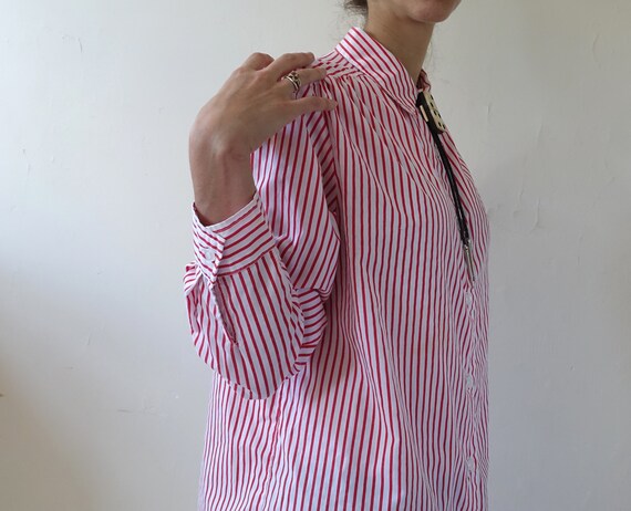 Vintage 80s Striped Cotton Oversized Shirt/ 1980s Long Red White Button Up Blouse/ Size Medium
