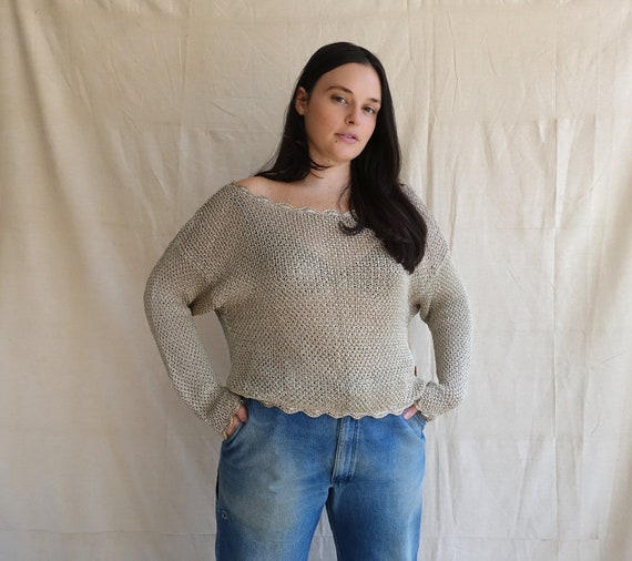 Vintage 80s Donna Karan Two Tone Open Weave Sweater T… - Gem