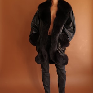 Vintage 80s Jean Claude Jitrois Leather and Fur Cocoon Coat/ Fox Fur Dolman Sleeve image 7
