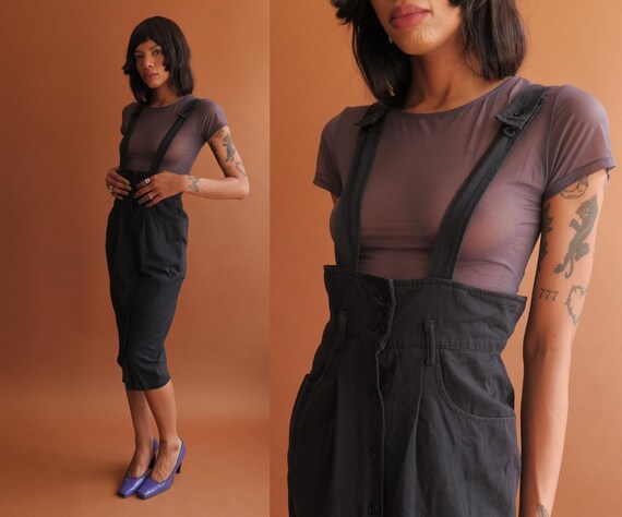 Vintage 80s Pinafore Dress 1980s Black Cotton Overall Pencil Skirt Size Medium 28 Etsy Canada