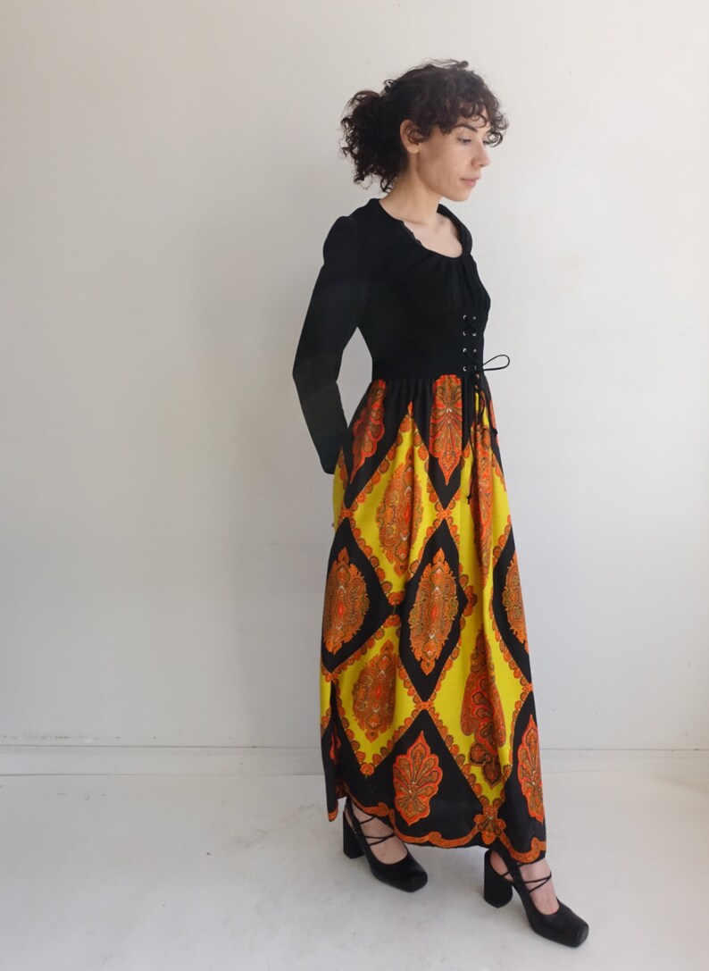 Vintage 60s Corset Waist Psychedelic Print Maxi Dress/ 1960s 1970s Long Sleeve Colorful Dress with Lace Up Waist/ Size Medium image 4