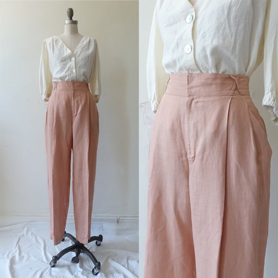 Vintage 80s Pink Linen Trousers/ 1980s Ellen Tracy
