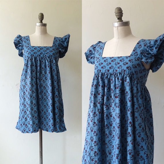 Vintage 70s Block Printed Indian Cotton Mini Dress