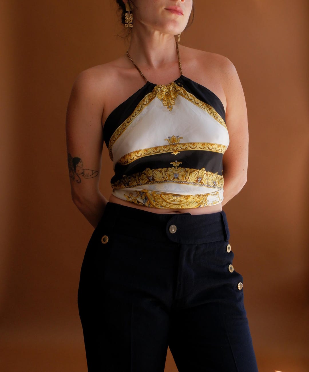 Vintage 80s Silk Scarf Halter Top With Chain Neck/ Size Small - Etsy