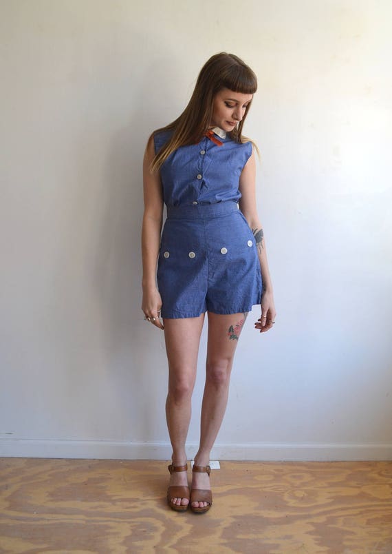Vintage 1940's 3 Piece Chambray Playsuit/ Blouse S