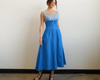 Vintage 50s Electric Blue Taffeta and Lace Dress/ Size Small Medium