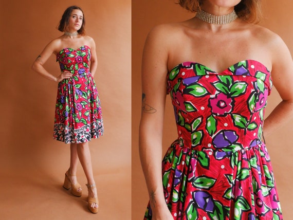 Vintage 80s Floral Strapless Cotton Dress/ 1980s … - image 1