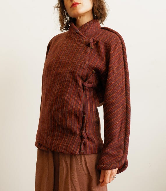 Vintage 70s 80s Krizia Wool Coat with Surplice Neckline and Side Ties / Size small