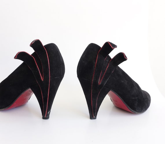 Vintage 80s Black Suede Winged Pumps with Red Pip… - image 5