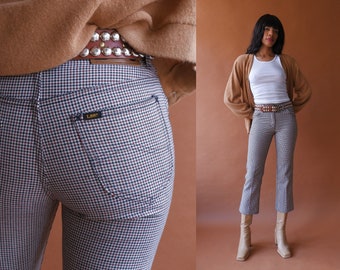 Vintage 70s Plaid Lee Pants/ 1970s Brown White Flared Pants/ Size XS Small