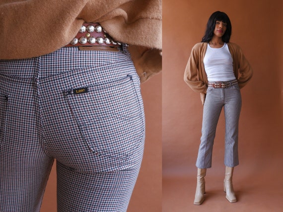 Vintage 70s Plaid Lee Pants/ 1970s Brown White Fl… - image 1