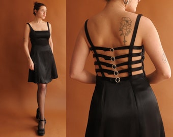 Vintage 90s Backless Buckle Cage Dress/1990s Square Neck Mini Dress/ Size Small